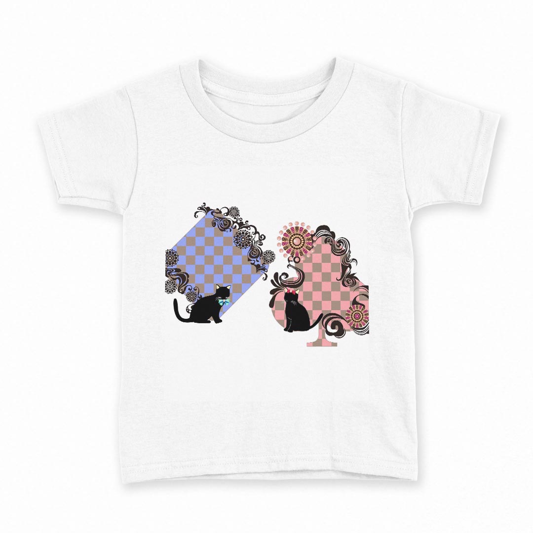 tシャツ キッズ 半袖 白地 デザイン 90 Tシャツ ティーシャツ T shirt 007517 チェック　猫　ネコ　市松模様(4.0)