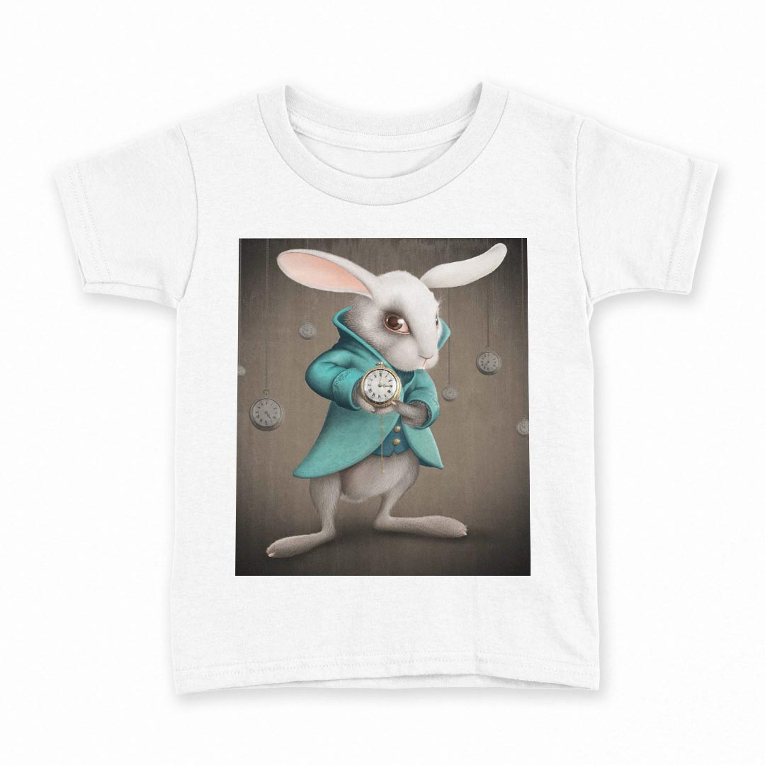 tシャツ キッズ 半袖 白地 デザイン 110 サイズ Tシャツ ティーシャツ T shirt 007895 イラスト　うさぎ　兎　アリス　時計