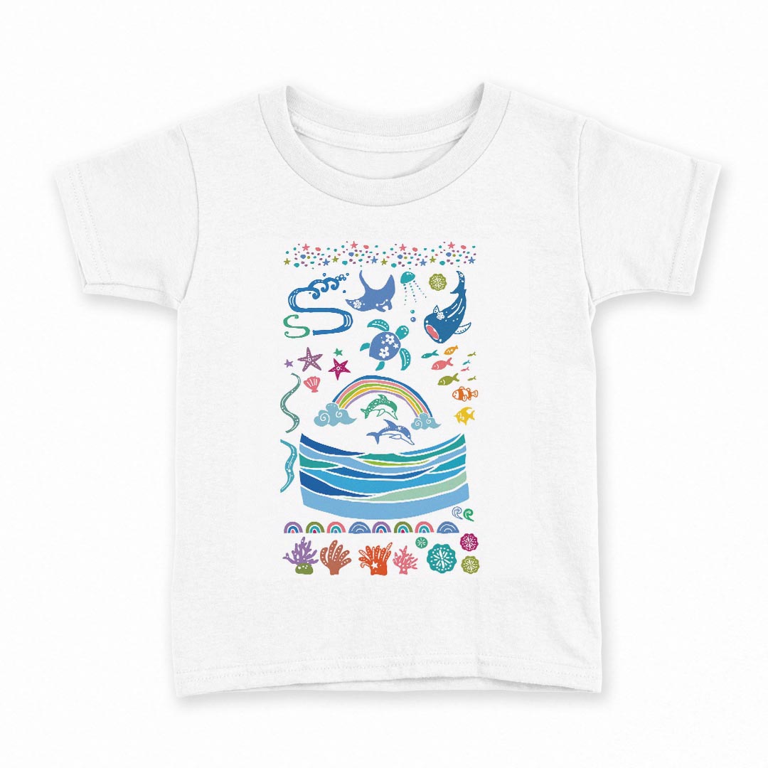 tシャツ キッズ 半袖 白地 デザイン 150 サイズ Tシャツ ティーシャツ T shirt 007994 海 イラスト 虹 イルカ