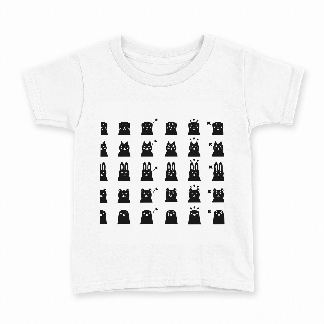 tシャツ キッズ 半袖 白地 デザイン 150 サイズ Tシャツ ティーシャツ T shirt 008089 白黒　動物　犬　猫　兎　アイコン