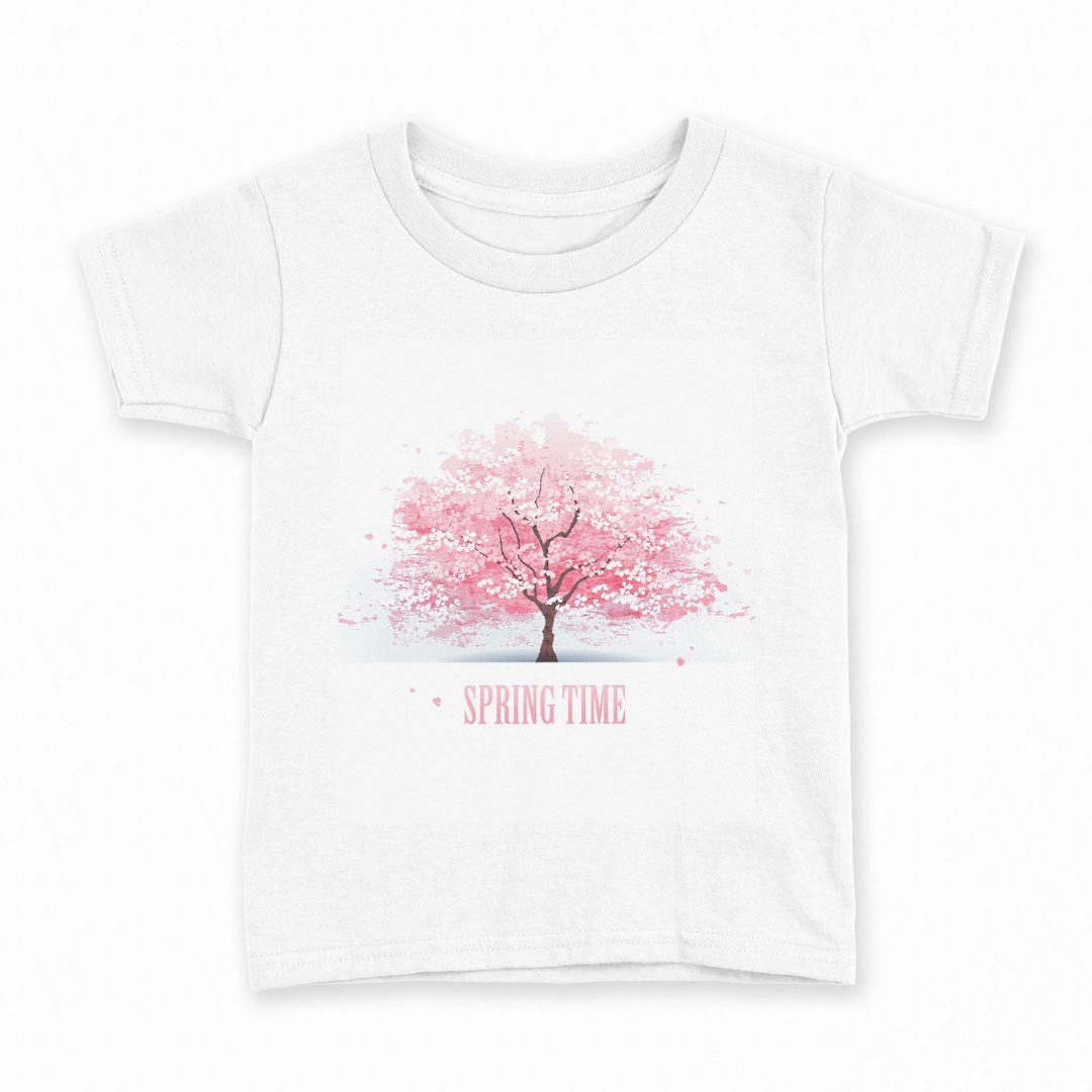 tシャツ キッズ 半袖 白地 デザイン 150 サイズ Tシャツ ティーシャツ T shirt 008120 春　桜　ピンク　植物　イラスト