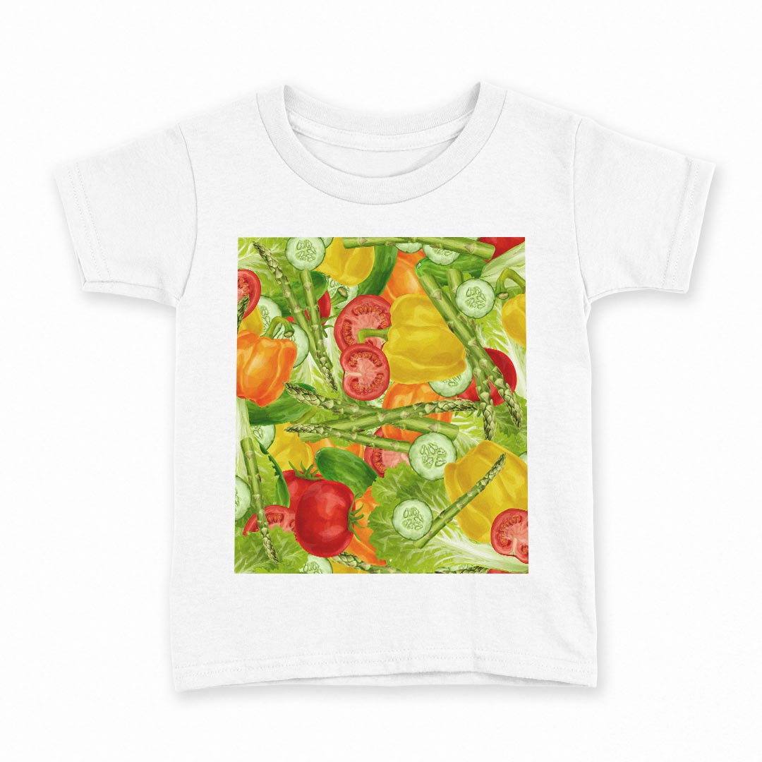 tシャツ キッズ 半袖 白地 デザイン 140 サイズ Tシャツ ティーシャツ T shirt 008420 野菜 イラスト 模様 グリーン