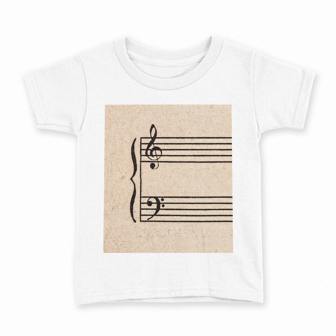 tシャツ キッズ 半袖 白地 デザイン 130 サイズ Tシャツ ティーシャツ T shirt 008600 楽譜　音符　黒..