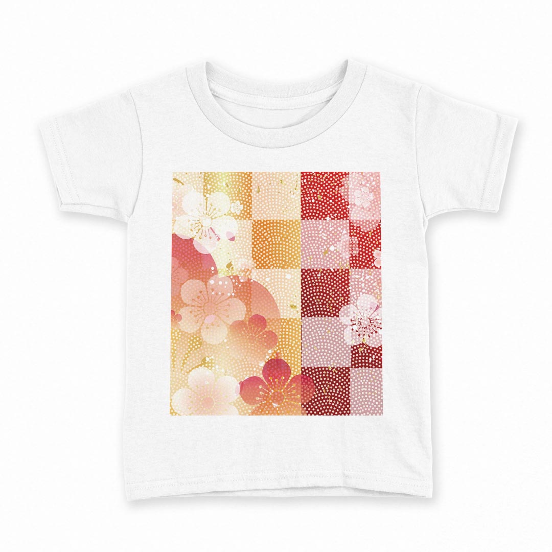 T-Shirts （Short Sleeve） - tシャツ キッズ 半袖 白地 デザイン 110 サイズ Tシャツ ティーシャツ T shirt 008716 和風　和柄　花　　市松模様