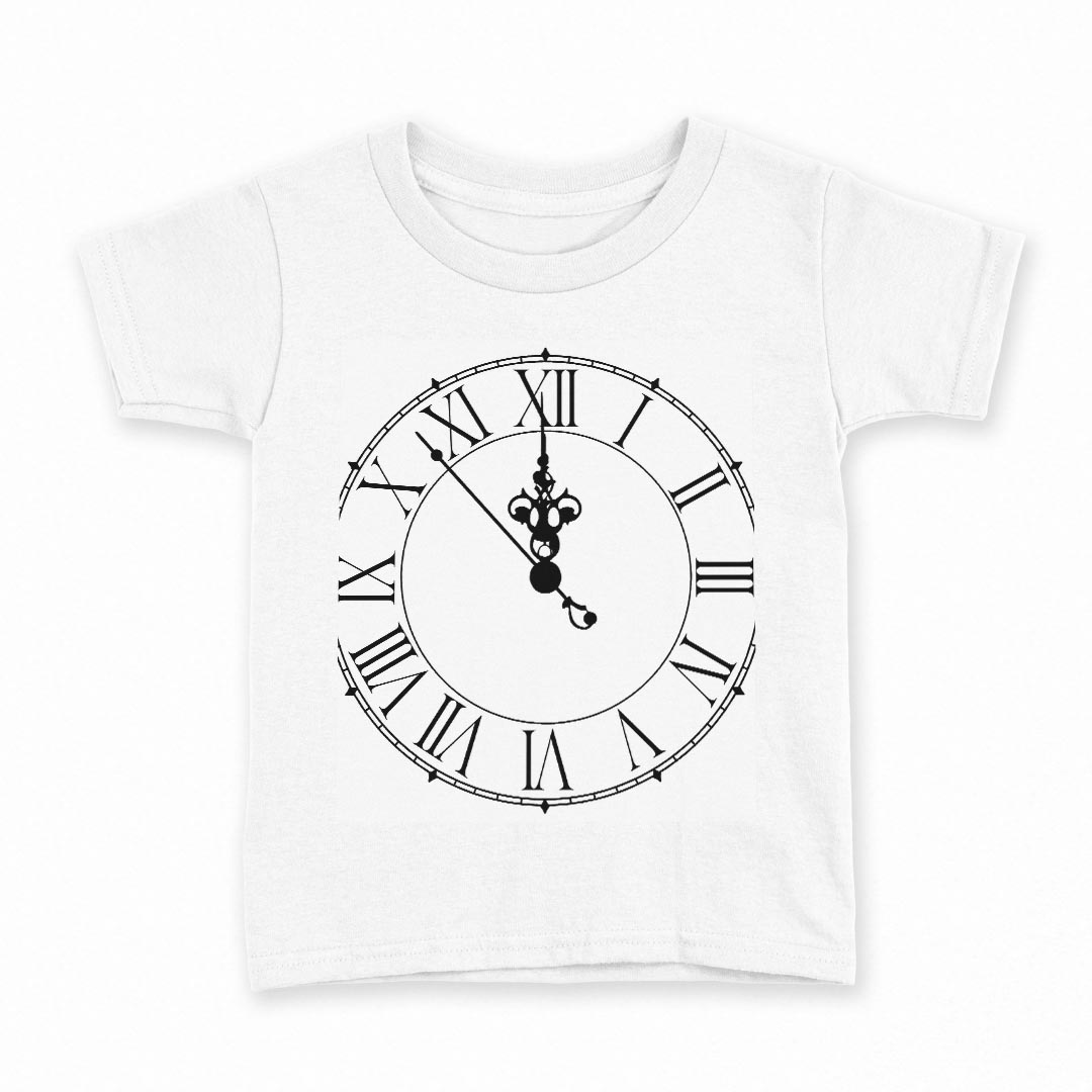 tシャツ キッズ 半袖 白地 デザイン 150 サイズ Tシャツ ティーシャツ T shirt 009470 時計　白　黒　シンプル