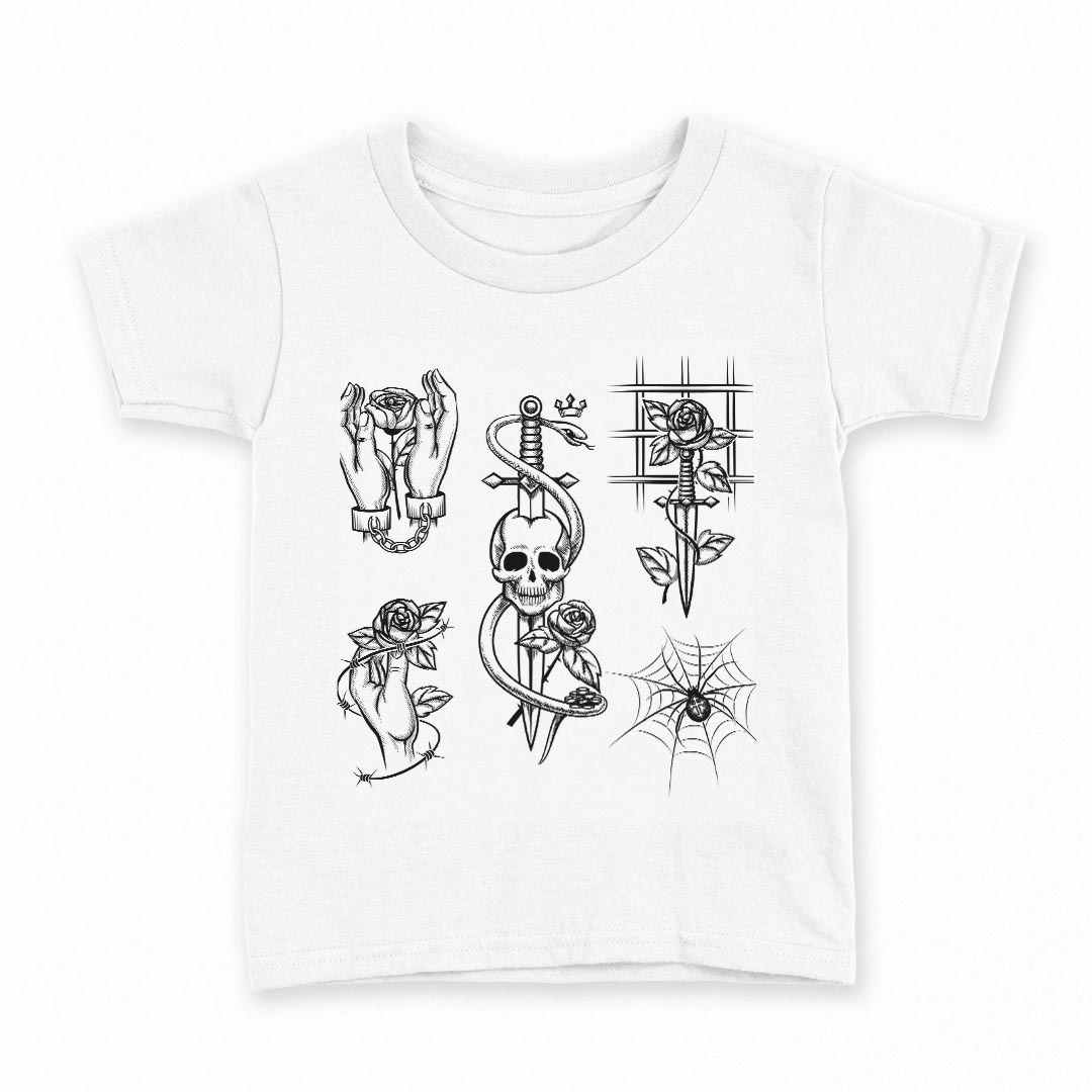 tシャツ キッズ 半袖 白地 デザイン 160 サイズ Tシャツ ティーシャツ T shirt 009668 バラ ドクロ アンティーク