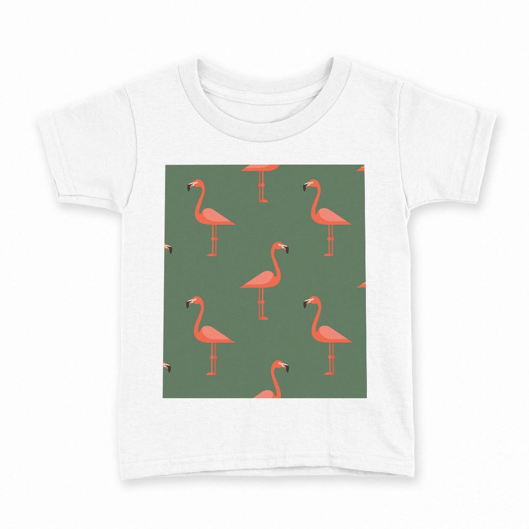 tシャツ キッズ 半袖 白地 デザイン 100 サイズ Tシャツ ティーシャツ T shirt 010260 フラミンゴ　緑　鳥
