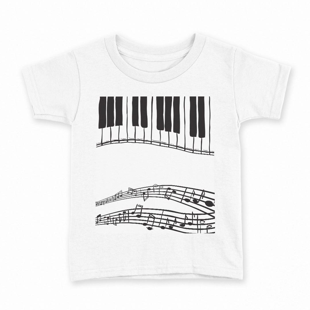 tシャツ キッズ 半袖 白地 デザイン 130 サイズ Tシャツ ティーシャツ T shirt 010406 音楽　ピアノ　音符