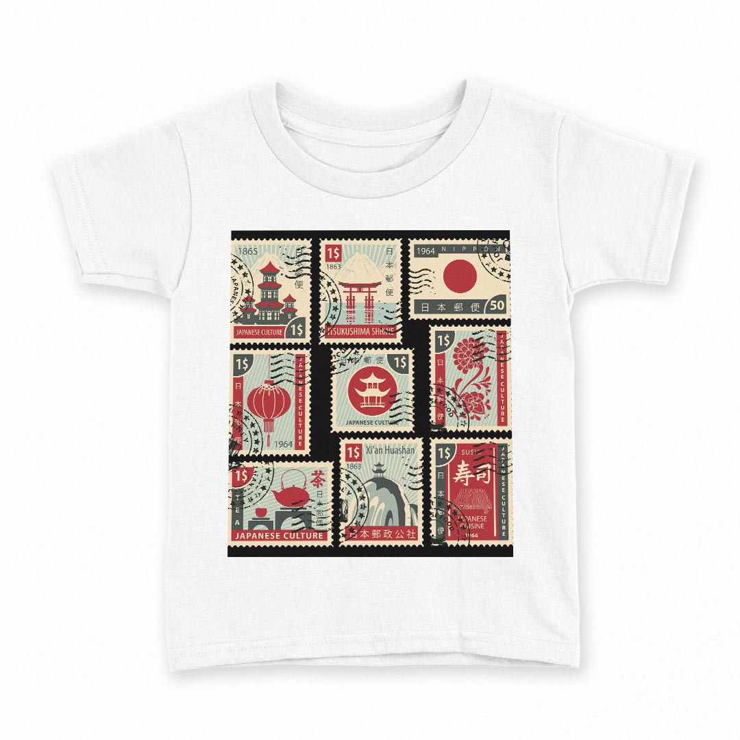 tシャツ キッズ 半袖 白地 デザイン 140 サイズ Tシャツ ティーシャツ T shirt 010604 日本　切手　風景
