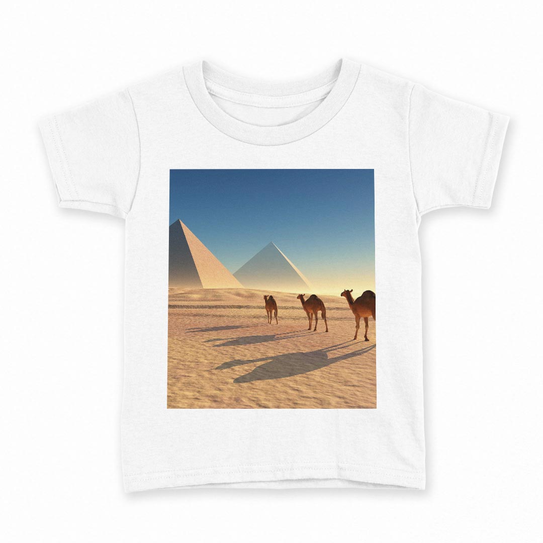 tシャツ キッズ 半袖 白地 デザイン 130 サイズ Tシャツ ティーシャツ T shirt 010934 らくだ　砂漠　ピラミッド