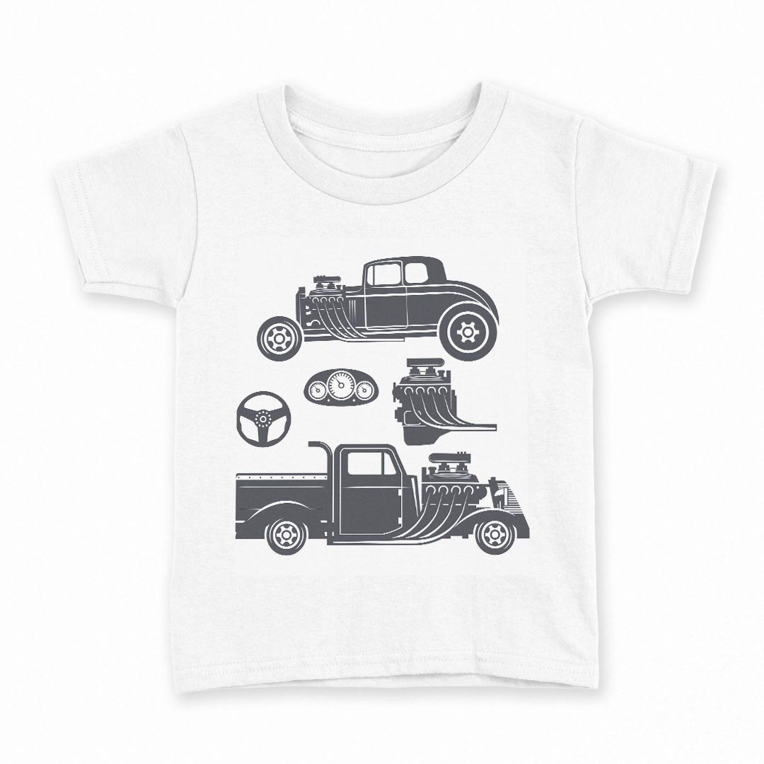 tシャツ キッズ 半袖 白地 デザイン 140 サイズ Tシャツ ティーシャツ T shirt 011204 車　乗り物　レトロ