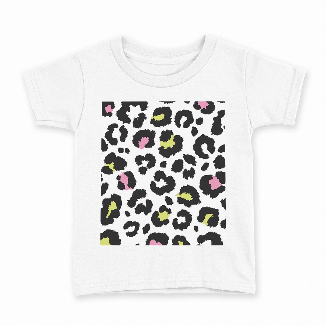 tシャツ キッズ 半袖 白地 デザイン 100 サイズ Tシャツ ティーシャツ T shirt 011582 ヒョウ柄　アニマル柄　カラフル
