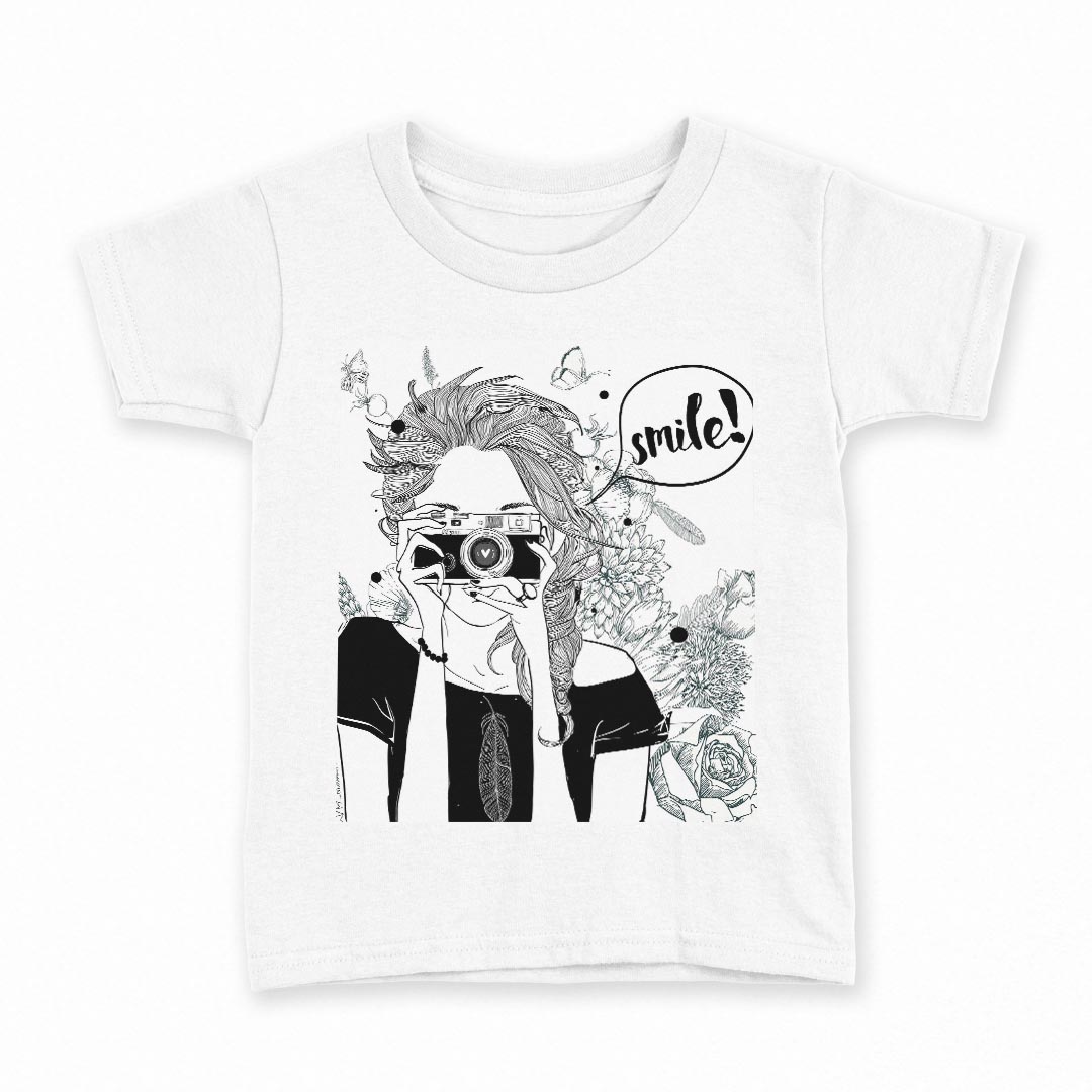tシャツ キッズ 半袖 白地 デザイン 90 Tシャツ ティーシャツ T shirt 011936 イラスト　モノトーン　カメラ