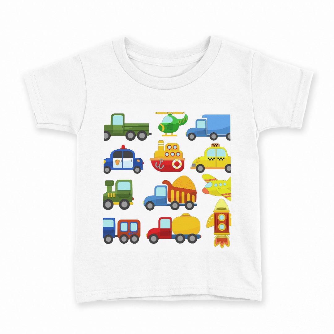 tシャツ キッズ 半袖 白地 デザイン 130 サイズ Tシャツ ティーシャツ T shirt 013189 乗り物　飛行機　救急車