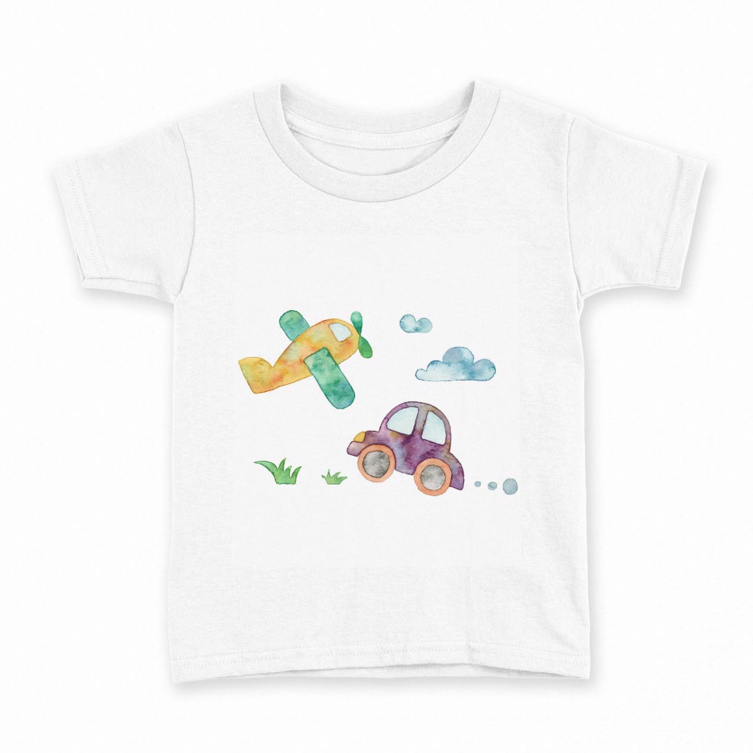 tシャツ キッズ 半袖 白地 デザイン 100 サイズ Tシャツ ティーシャツ T shirt 013191 車　飛行機　絵