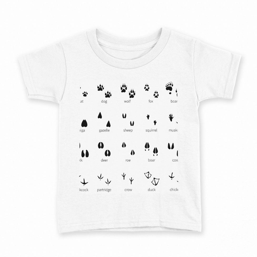 tシャツ キッズ 半袖 白地 デザイン 110 サイズ Tシャツ ティーシャツ T shirt 013224 足跡　動物　英語