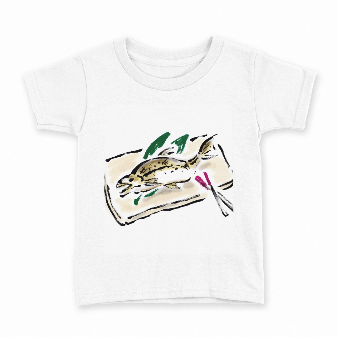 tシャツ キッズ 半袖 白地 デザイン 140 サイズ Tシャツ ティーシャツ T shirt 013299 食べ物　絵　魚