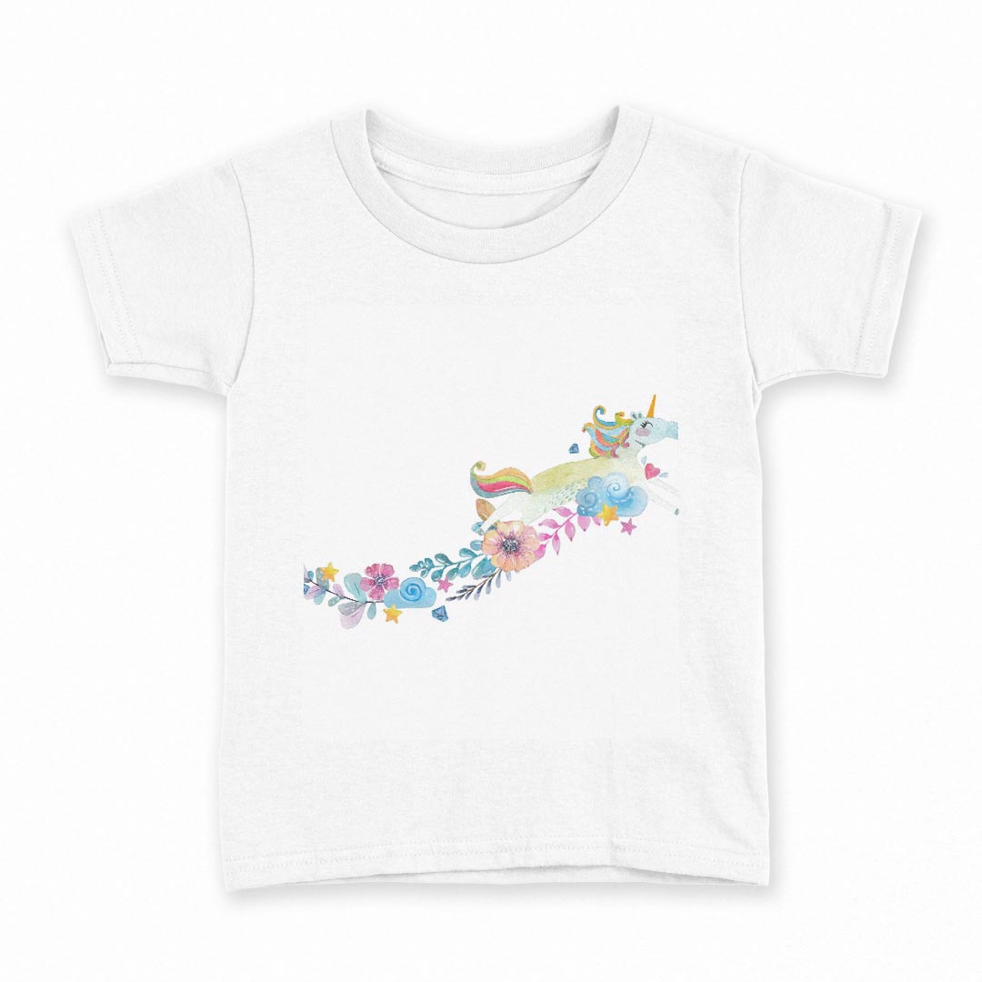 tシャツ キッズ 半袖 白地 デザイン 150 サイズ Tシャツ ティーシャツ T shirt 013610 花　ユニコーン　カラフル
