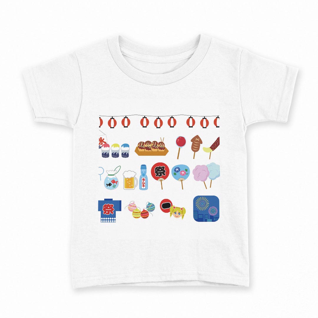 tシャツ キッズ 半袖 白地 デザイン 110 サイズ Tシャツ ティーシャツ T shirt 014120 夏　祭り　うちわ