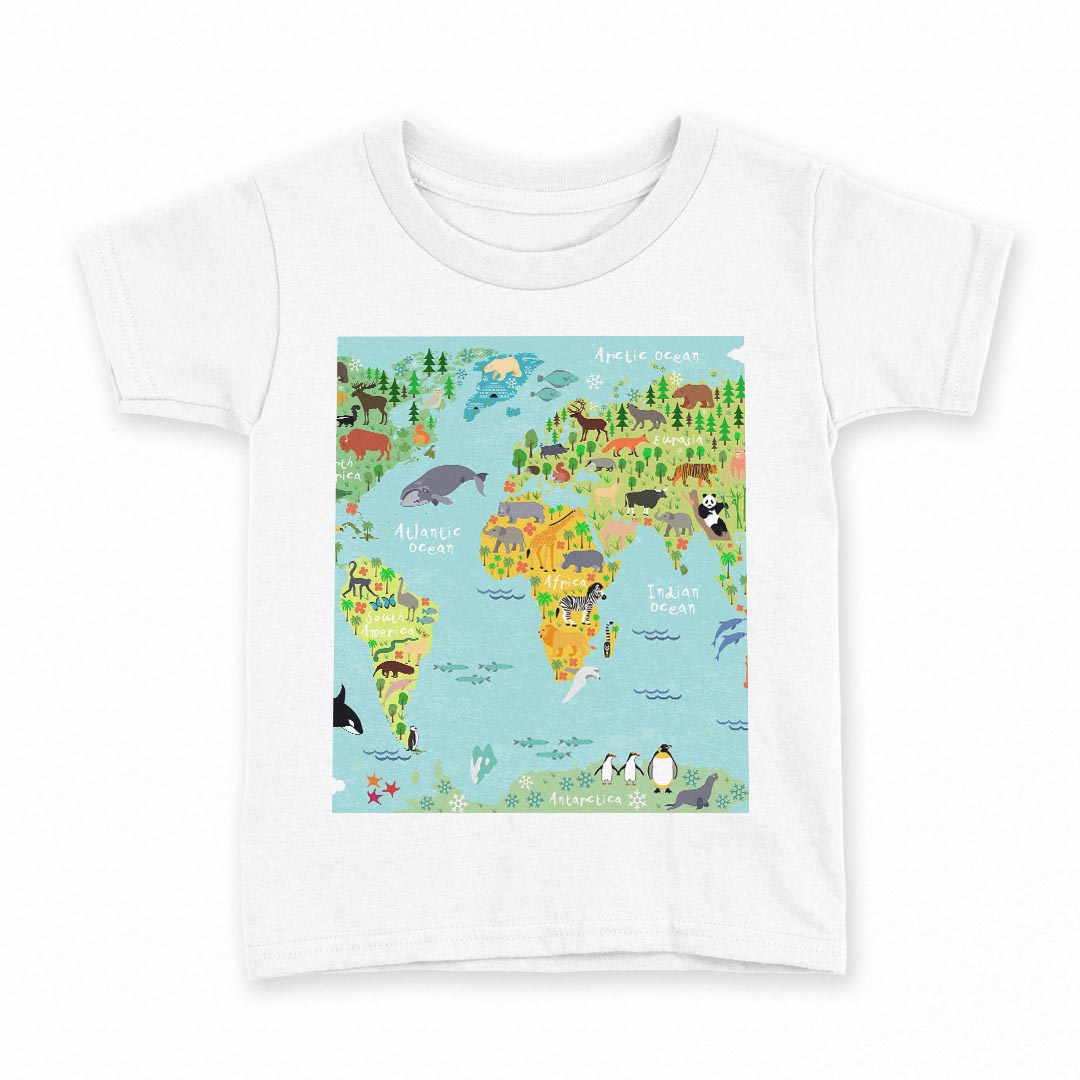 tシャツ キッズ 半袖 白地 デザイン 100 サイズ Tシャツ ティーシャツ T shirt 014138 世界地図 動物