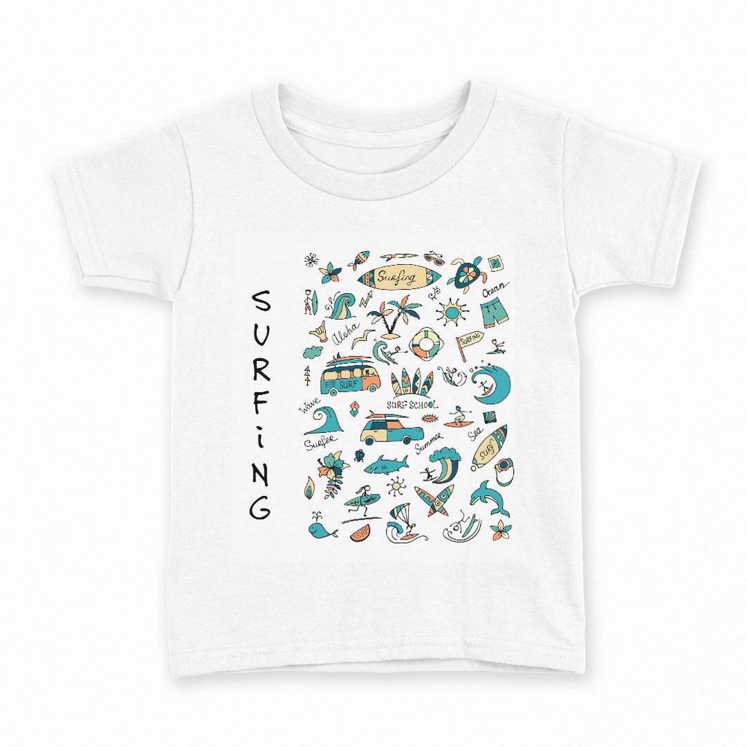 tシャツ キッズ 半袖 白地 デザイン 160 サイズ Tシャツ ティーシャツ T shirt 014306 サーフィン　海　イルカ