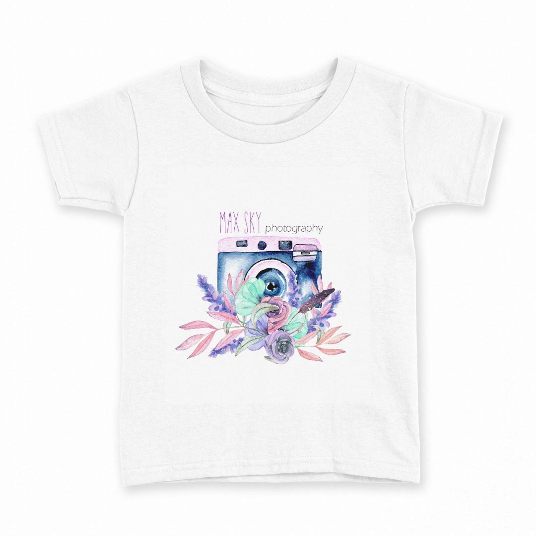 tシャツ キッズ 半袖 白地 デザイン 140 サイズ Tシャツ ティーシャツ T shirt 014339 カメラ　花　パステル