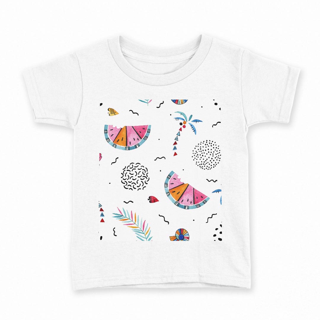 tシャツ キッズ 半袖 白地 デザイン 110 サイズ Tシャツ ティーシャツ T shirt 014344 ヤシの木 スイカ トロピカル