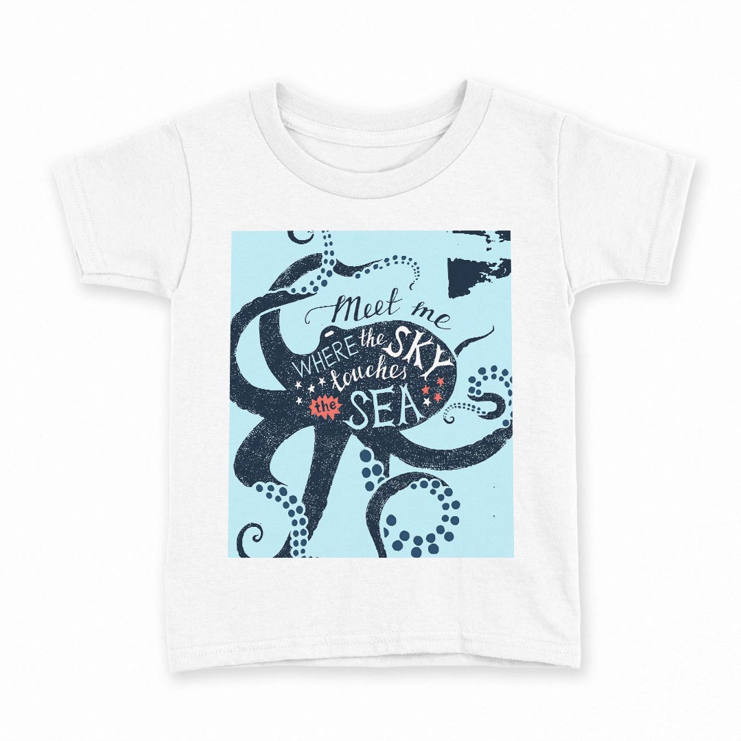 tシャツ キッズ 半袖 白地 デザイン 110 サイズ Tシャツ ティーシャツ T shirt 014473 海　タコ　英語