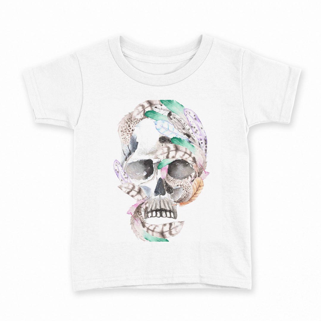 tシャツ キッズ 半袖 白地 デザイン 150 サイズ Tシャツ ティーシャツ T shirt 014534 骸骨　羽根　フェザー