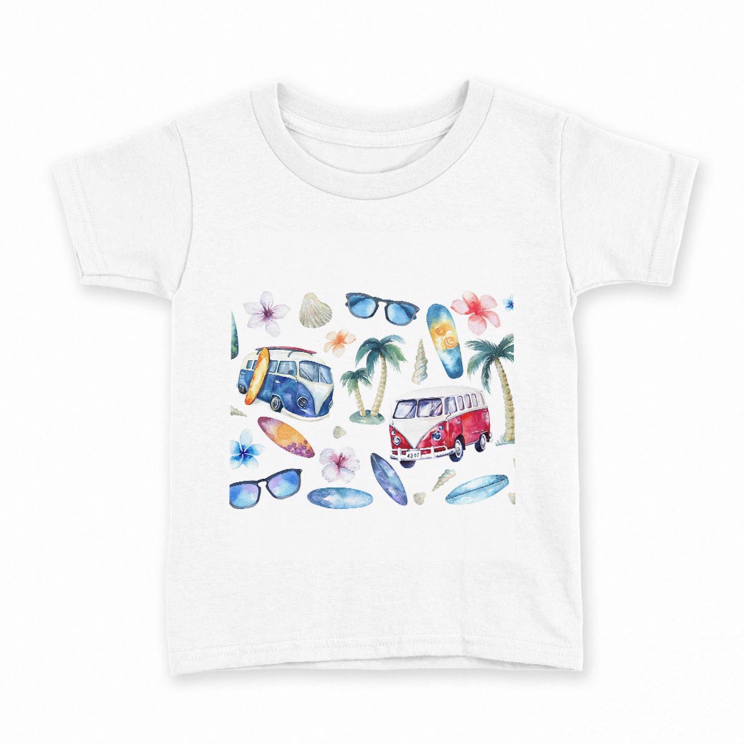 tシャツ キッズ 半袖 白地 デザイン 150 サイズ Tシャツ ティーシャツ T shirt 014579 海　ヤシの木　サーフィン