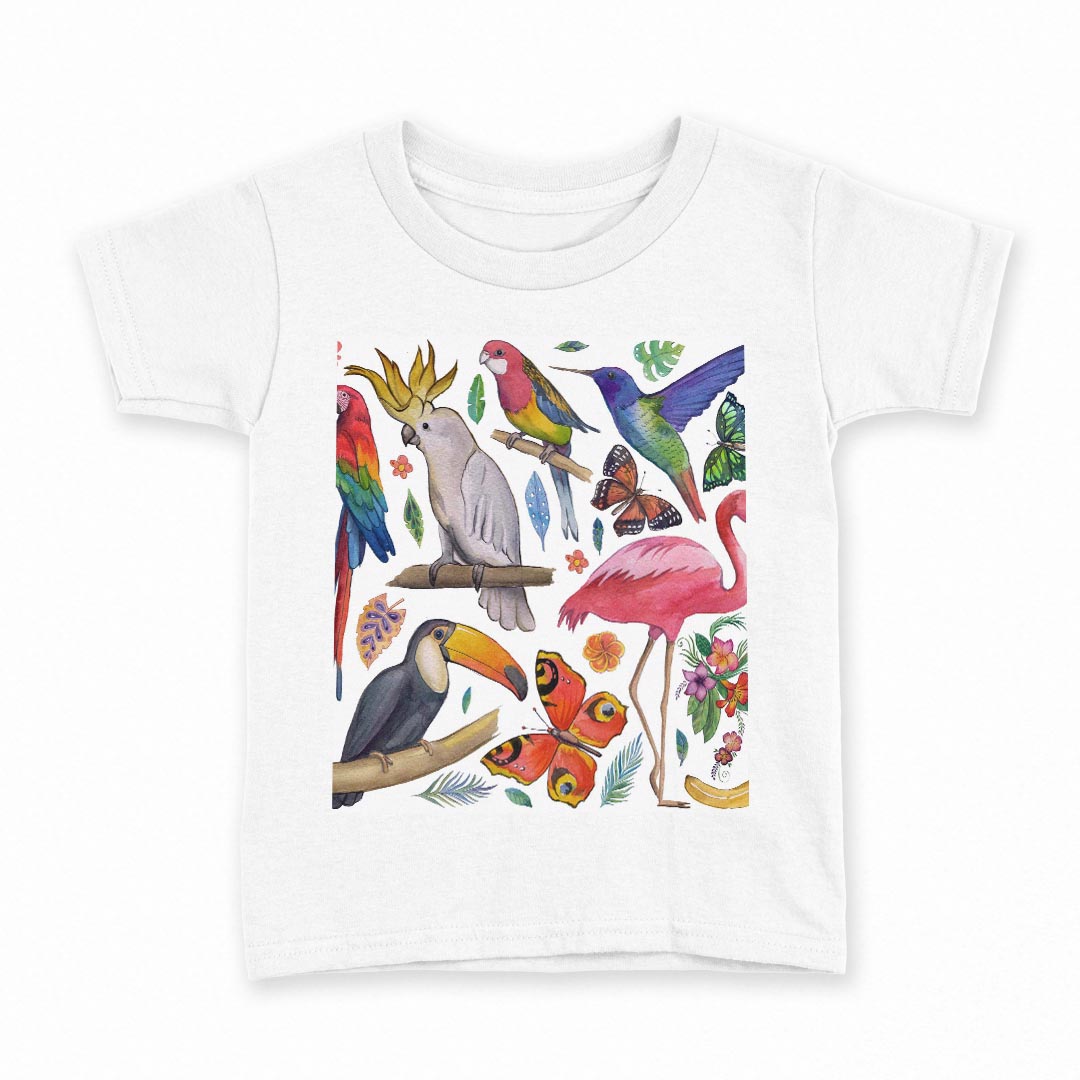 tシャツ キッズ 半袖 白地 デザイン 110 サイズ Tシャツ ティーシャツ T shirt 014839 鳥　カラフル　..