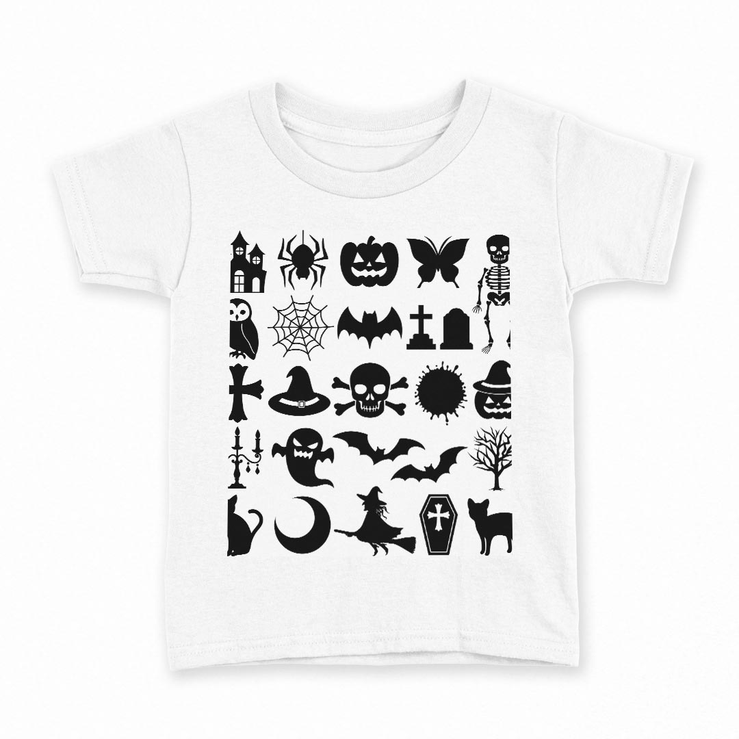 tシャツ キッズ 半袖 白地 デザイン 150 サイズ Tシャツ ティーシャツ T shirt 015354 ハロウィン モノクロ がいこつ カボチャ