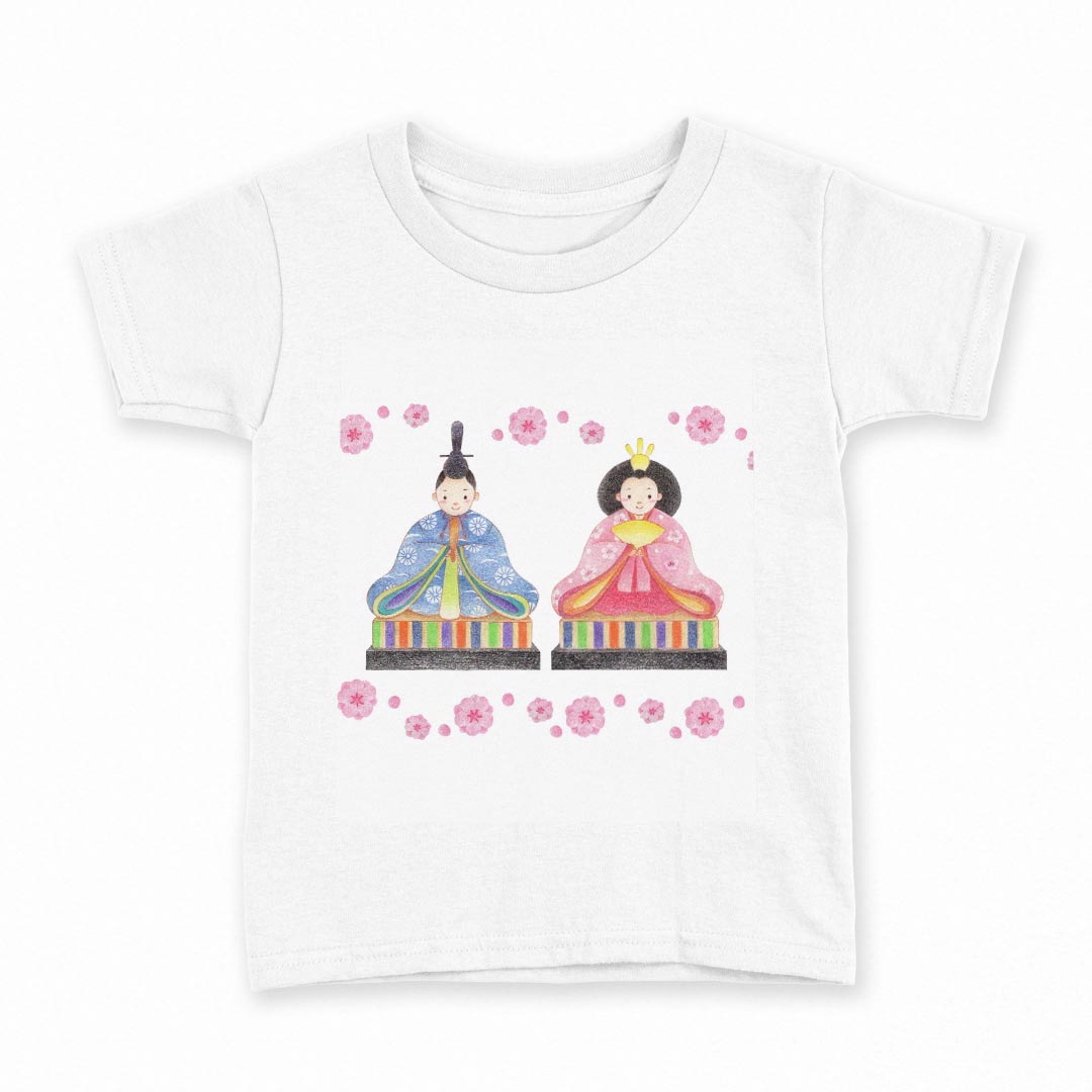 tシャツ キッズ 半袖 白地 デザイン 130 サイズ Tシャツ ティーシャツ T shirt 015566 ひなまつり 飾り 日本語 お内裏様