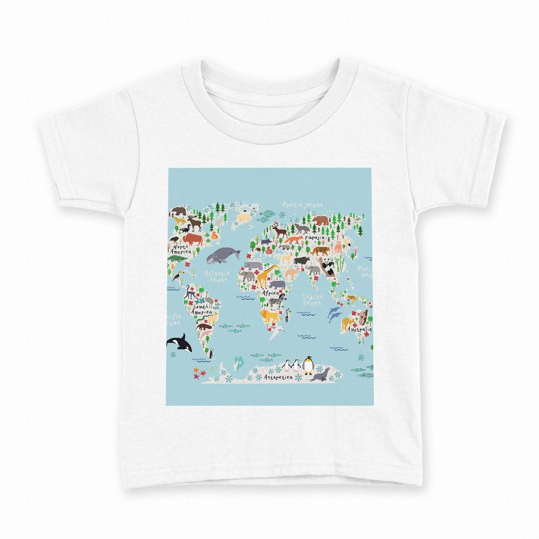 tシャツ キッズ 半袖 白地 デザイン 120 サイズ Tシャツ ティーシャツ T shirt 015983 世界地図　動物　map