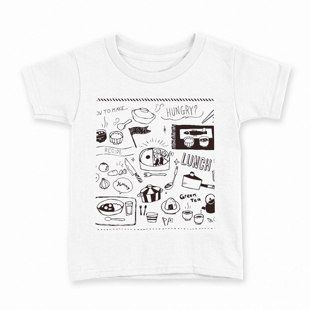 tシャツ キッズ 半袖 白地 デザイン 160 サイズ Tシャツ ティーシャツ T shirt 016500 お弁当 モノクロ 手書き 食べ物 ご飯