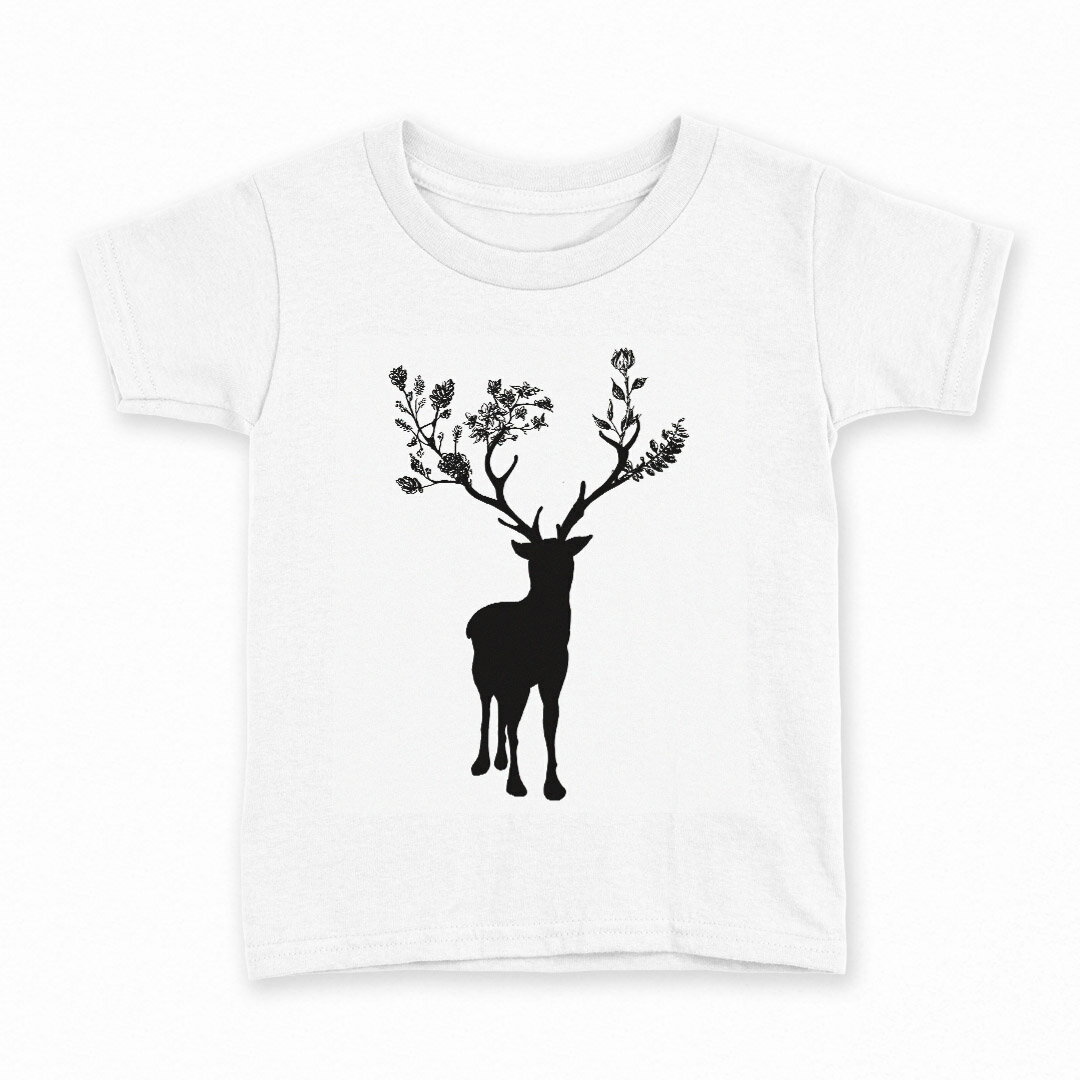 tシャツ キッズ 半袖 白地 デザイン 160 サイズ Tシャツ ティーシャツ T shirt 017816 トナカイ　木　シルエット　黒