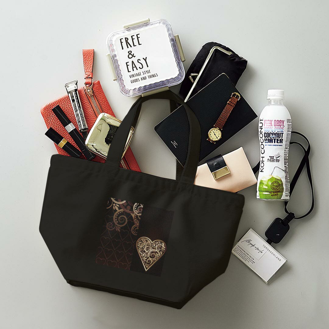 デザインランチバッグ キャンバス デイパック バッグ レディースバッグ トートバッグ ナチュラル 黒 black 000442 黒　ハート