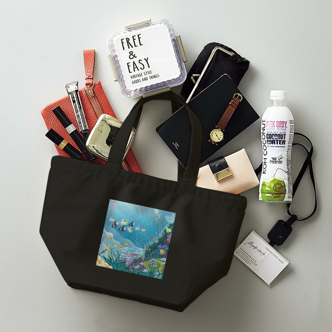 デザインランチバッグ キャンバス デイパック バッグ レディースバッグ トートバッグ ナチュラル 黒 black 001363 魚　海 3