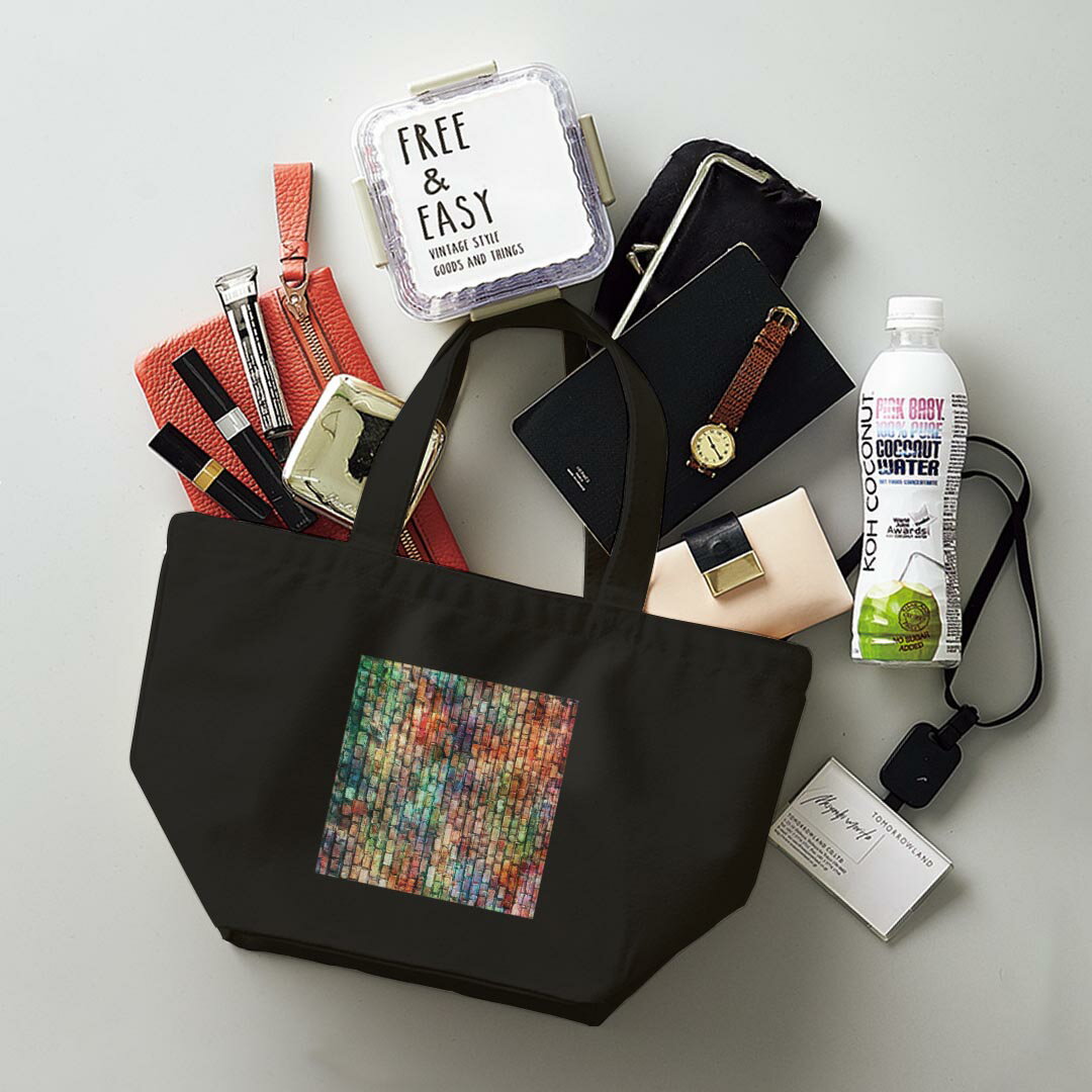 デザインランチバッグ キャンバス デイパック バッグ レディースバッグ トートバッグ ナチュラル 黒 black 004568 レンガ　シンプル