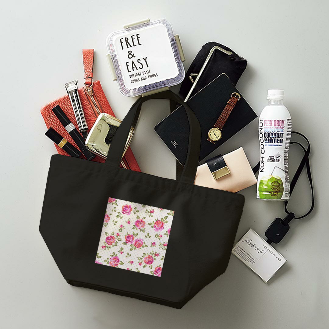 デザインランチバッグ キャンバス デイパック バッグ レディースバッグ トートバッグ ナチュラル 黒 black 004758 花　水玉　ドット　ピンク 3