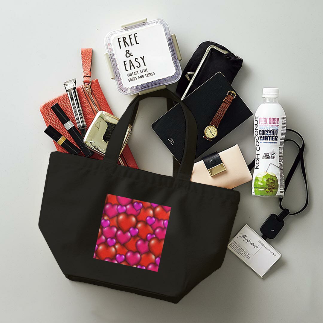 デザインランチバッグ キャンバス デイパック バッグ レディースバッグ トートバッグ ナチュラル 黒 black 006425 ハート　模様