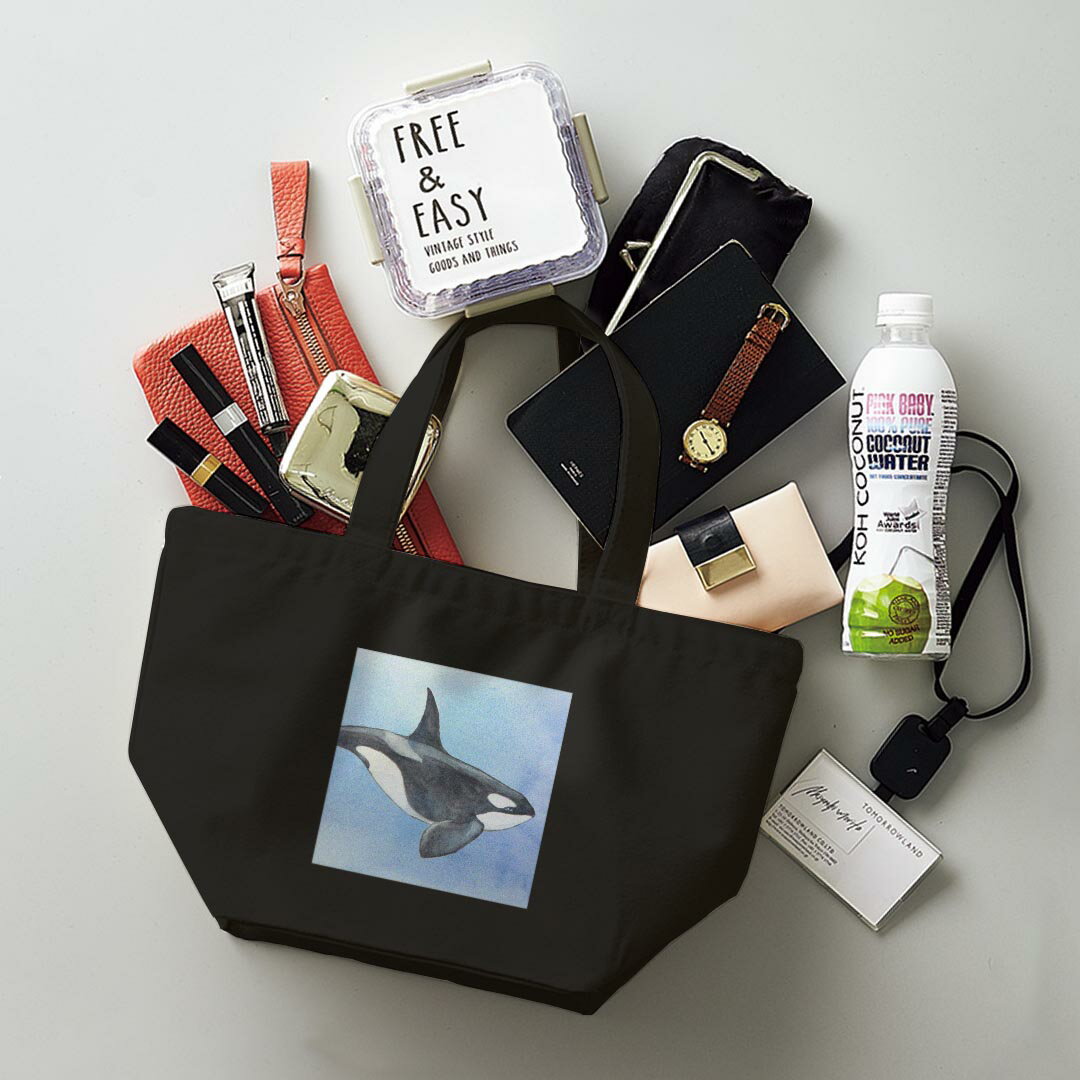 デザインランチバッグ キャンバス デイパック バッグ レディースバッグ トートバッグ ナチュラル 黒 black 010302 海　生き物　くじら