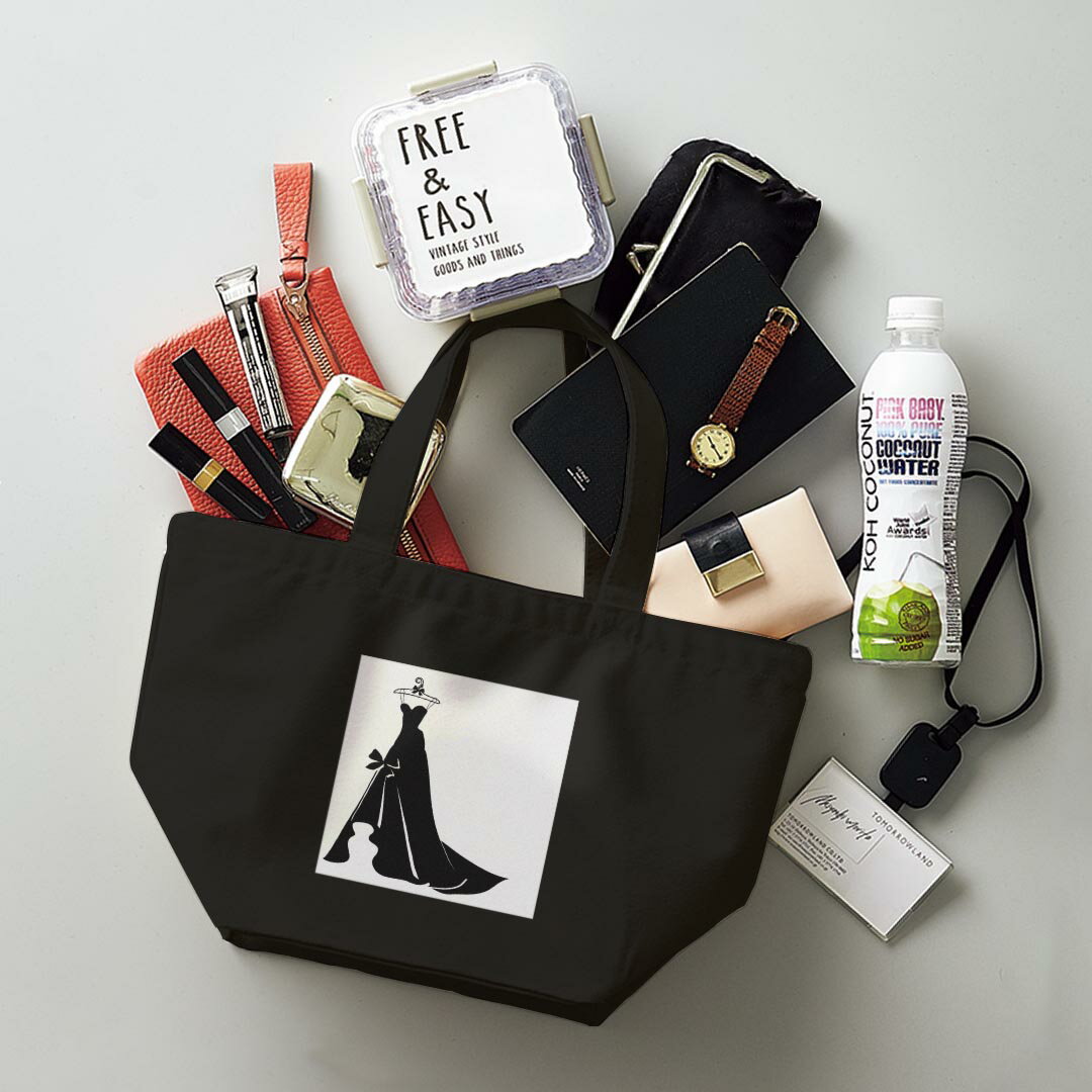 デザインランチバッグ キャンバス デイパック バッグ レディースバッグ トートバッグ ナチュラル 黒 black 011386 ドレス　リボン　モノクロ