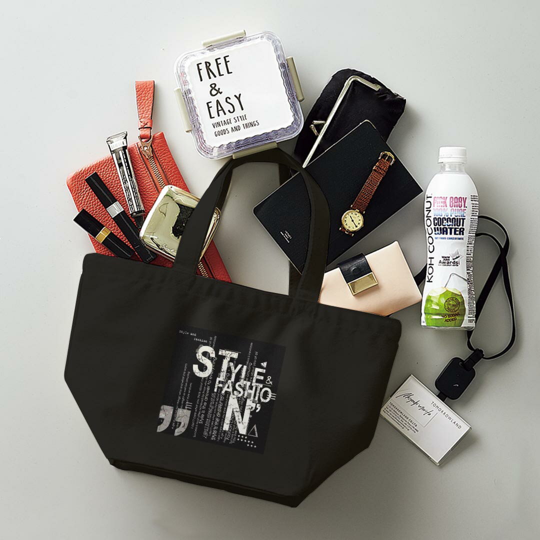 デザインランチバッグ キャンバス デイパック バッグ レディースバッグ トートバッグ ナチュラル 黒 black 014968 ポスター　英字　モノクロ