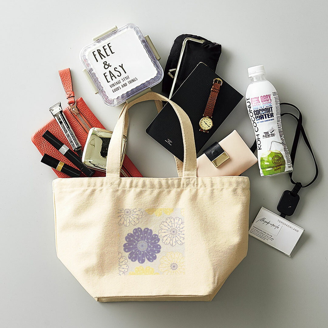 デザインランチバッグ キャンバス デイパック バッグ レディースバッグ トートバッグ ナチュラル 黒 black 000684 花　ドット