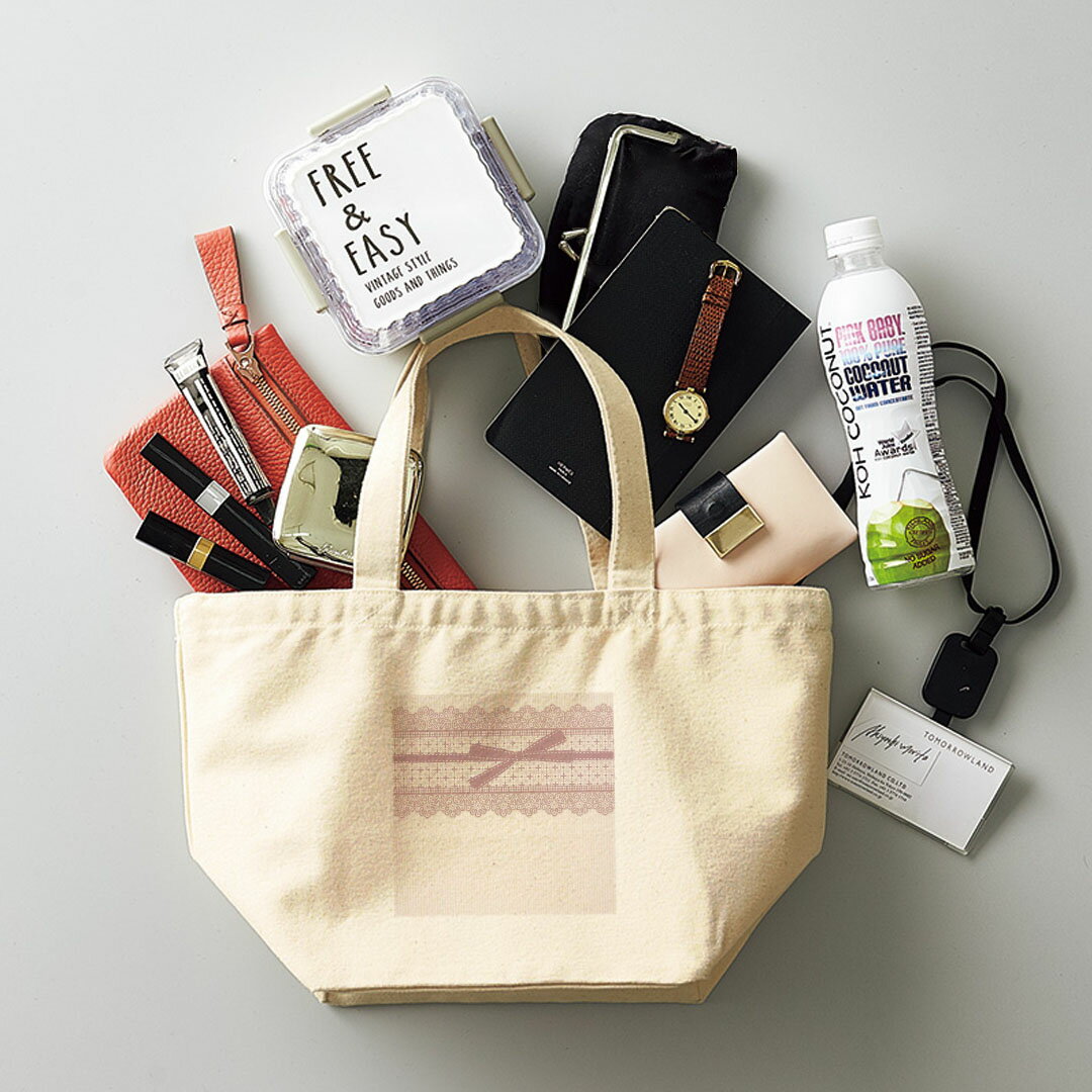 デザインランチバッグ キャンバス デイパック バッグ レディースバッグ トートバッグ ナチュラル 黒 black 004927 リボン　レース　ストライプ