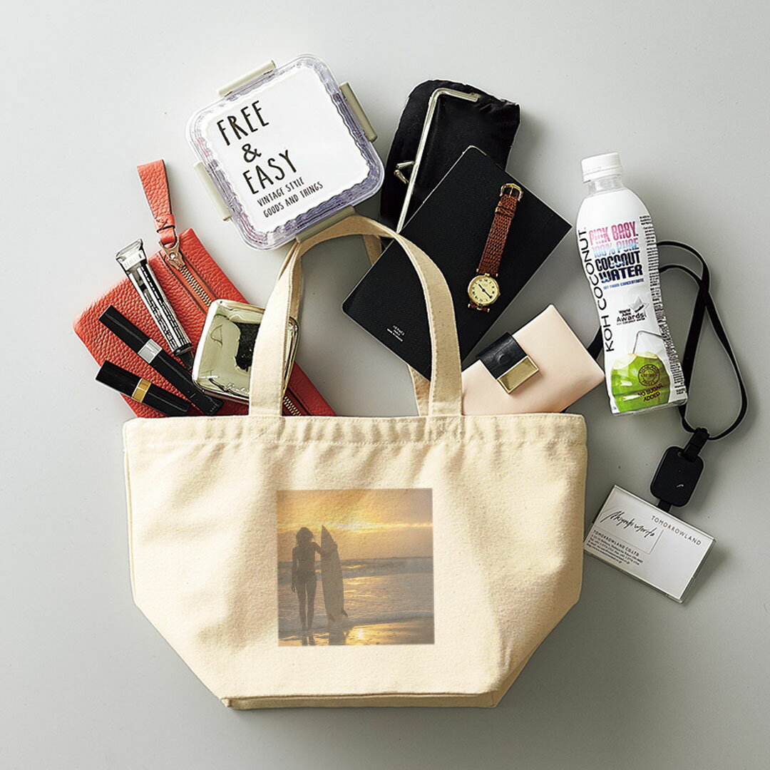 デザインランチバッグ キャンバス デイパック バッグ レディースバッグ トートバッグ ナチュラル 黒 black 006520 写真　海　夕日　人物 2