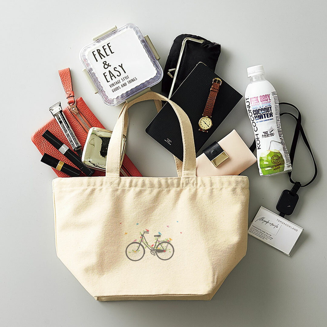 デザインランチバッグ キャンバス デイパック バッグ レディースバッグ トートバッグ ナチュラル 黒 black 009186 カラフル　鳥　花