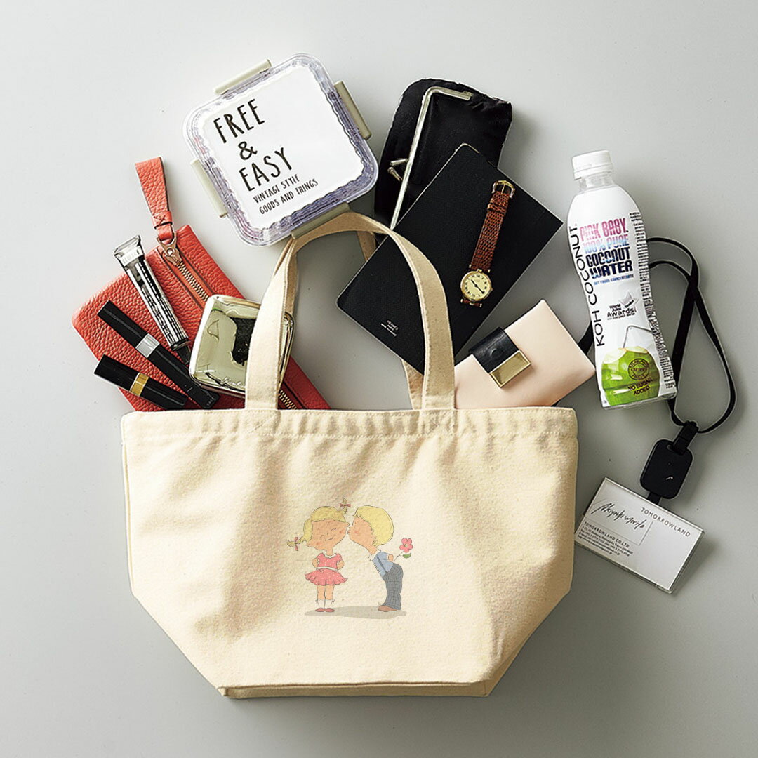 デザインランチバッグ キャンバス デイパック バッグ レディースバッグ トートバッグ ナチュラル 黒 black 011293 キャラクター　花　人物