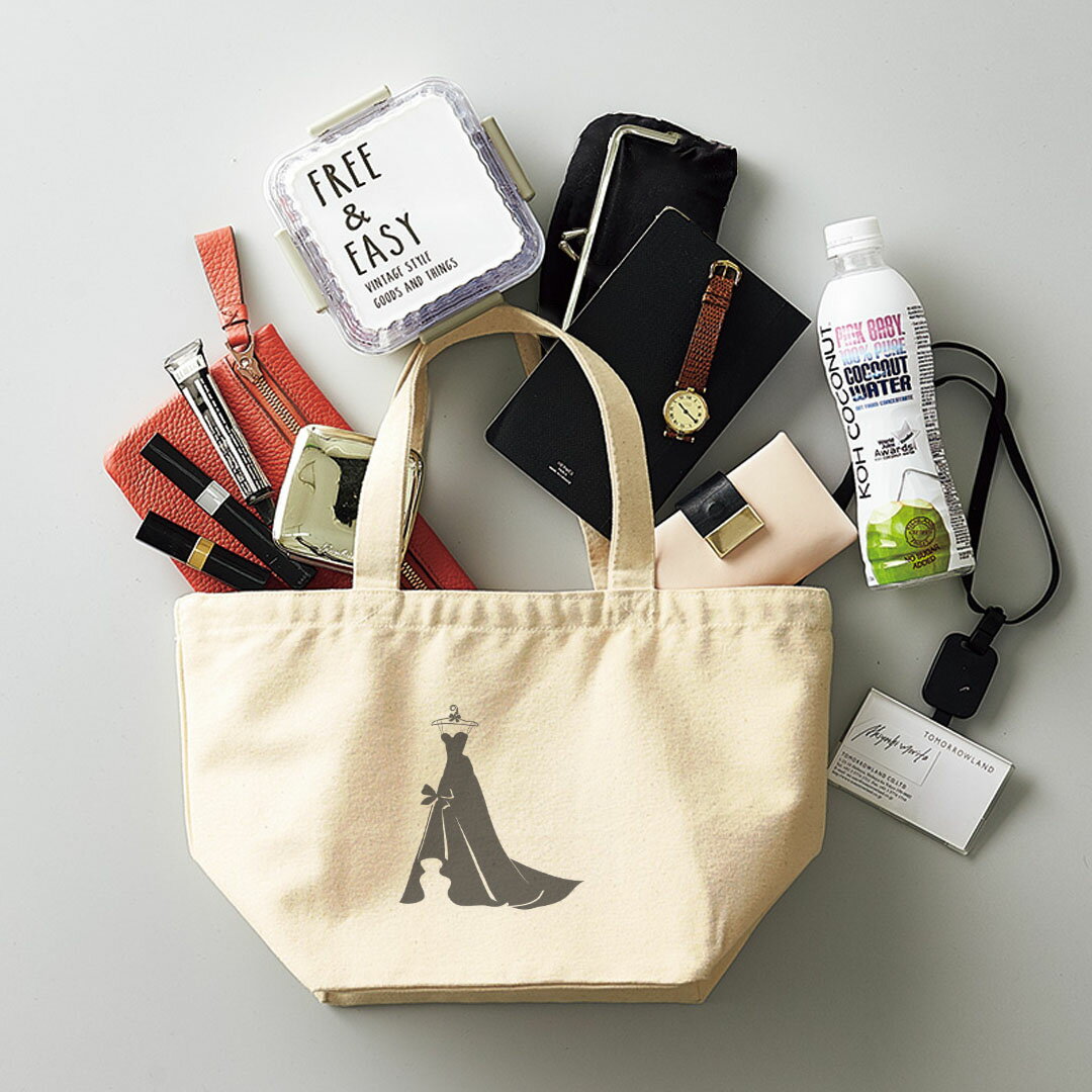 デザインランチバッグ キャンバス デイパック バッグ レディースバッグ トートバッグ ナチュラル 黒 black 011386 ドレス　リボン　モノクロ